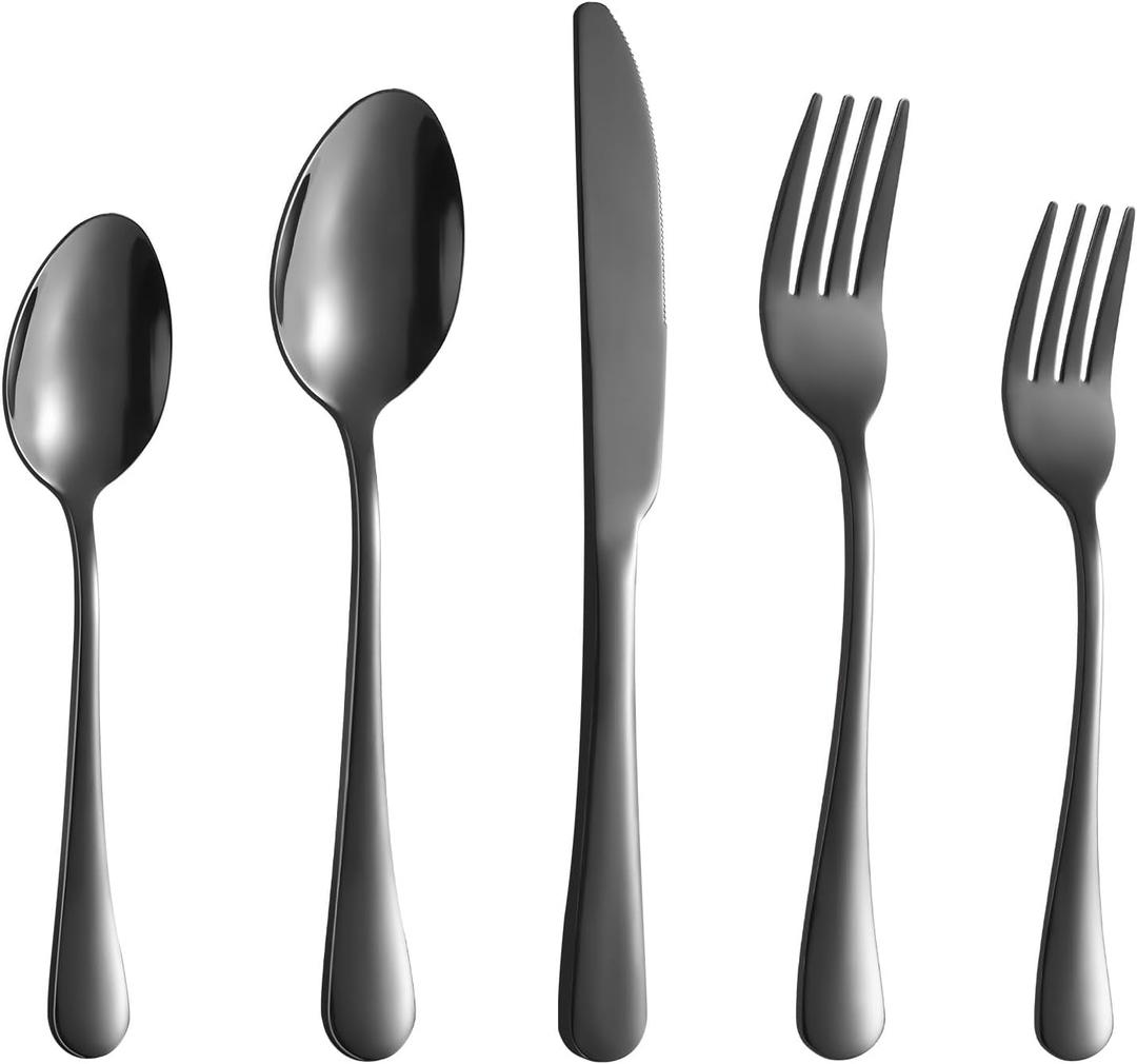 Black Silverware Set, 30 Piece Flatware Cutlery Set for 6, 18/0 Stainless Steel Silverware, Mirror Polished Cutlery Utensil Set Includes Knife Fork Spoon For Home Kitchen Restaurant Gift