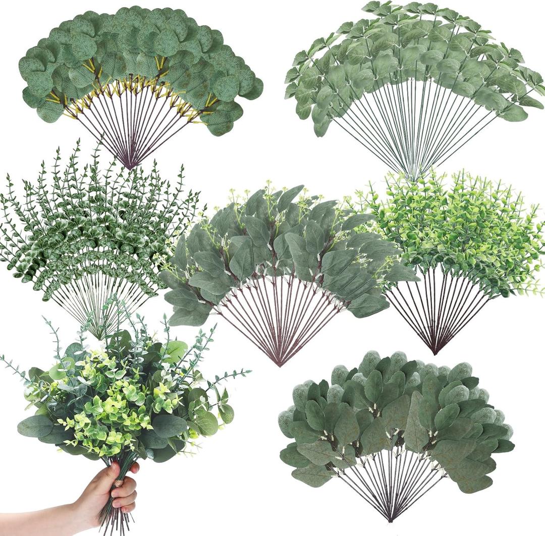 Ceenna 400 Pcs 6 Kinds Mixed Greenery Stem Artificial Faux Eucalyptus Leaves Silver Dollar Eucalyptus Picks and Sprays for Vase Dried Fake Greenery Filler Leaves Bundle for Wedding Floral Arrangement