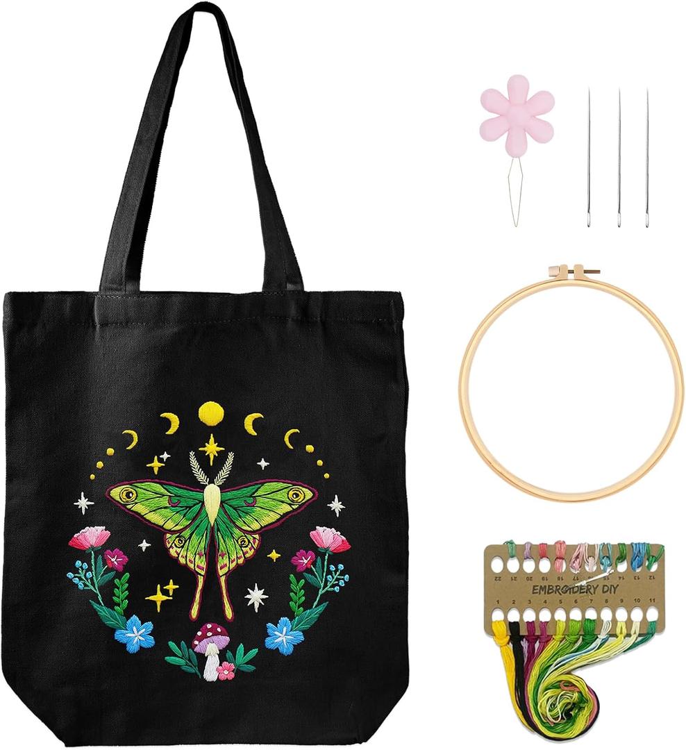 Nuberlic Embroidery Tote Bag Kit for Beginners with Moth Pattern | Canvas Tote Bag Arts Crafts Needlepoint Kit, Cross Stitch Kits for Adults, Reusable, Eco-Friendly Women Shopping Bag