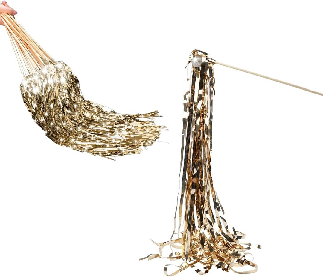 50 Pcs Lighted Fairy Wands with Bells LED Top Glitter Foil Tinsel Streamers Wedding Wand Sticks Party Favors for Bridal Wedding Send Off Ideas Disco Birthday Party Halloween Decors (Champagne)