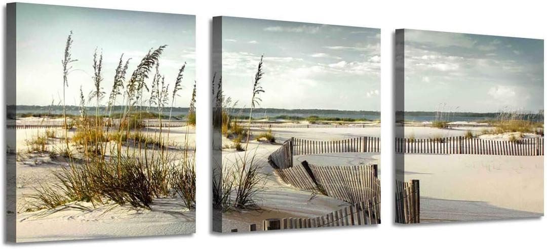 Beach scenery Picture Seascape Art: Coastal Sand Dunes Path Canvas Print Set (Overall 48"W x 16"H,Multi-Sized) (16"x16"x3pcs)