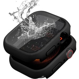2 Pack Waterproof Privacy Hard PC Case with Tempered Glass Screen Protector for Apple Watch SE 2nd SE 3 Gen Series 6 5 4 44mm, Ultra-Thin Bumper Anti-Shock Screen for iWatch Cover Accessories, Black