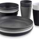 Anbte Plastic Camping Plates and Bowls Set, 12pcs Unbreakable Camping Dinner Set for 4, Reusable, Microwave & Dishwasher Safe Dinner Set, for Kitchen Outdoor Travel Picnic, white gray dark gray black