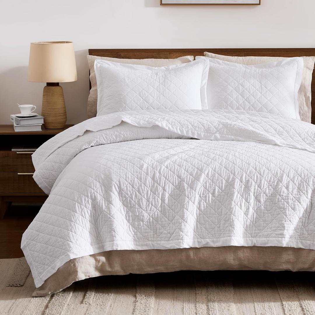 WDCOZY 100% Cotton Quilt Twin Size Bedspread, Pre-Washed 3-Piece Lightweight Soft Coverlet Set with 1 Pillow Shams, Modern Neutral Design Design All Season Bedding Set, White