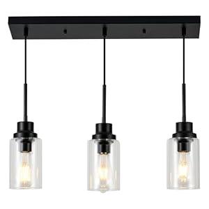 LIGOTFIRE 3-Lights Pendant Light Fixtures, Modern Black Kitchen Island Lighting with Clear Glass Shade, Adjustable Hanging Ceiling Lamp