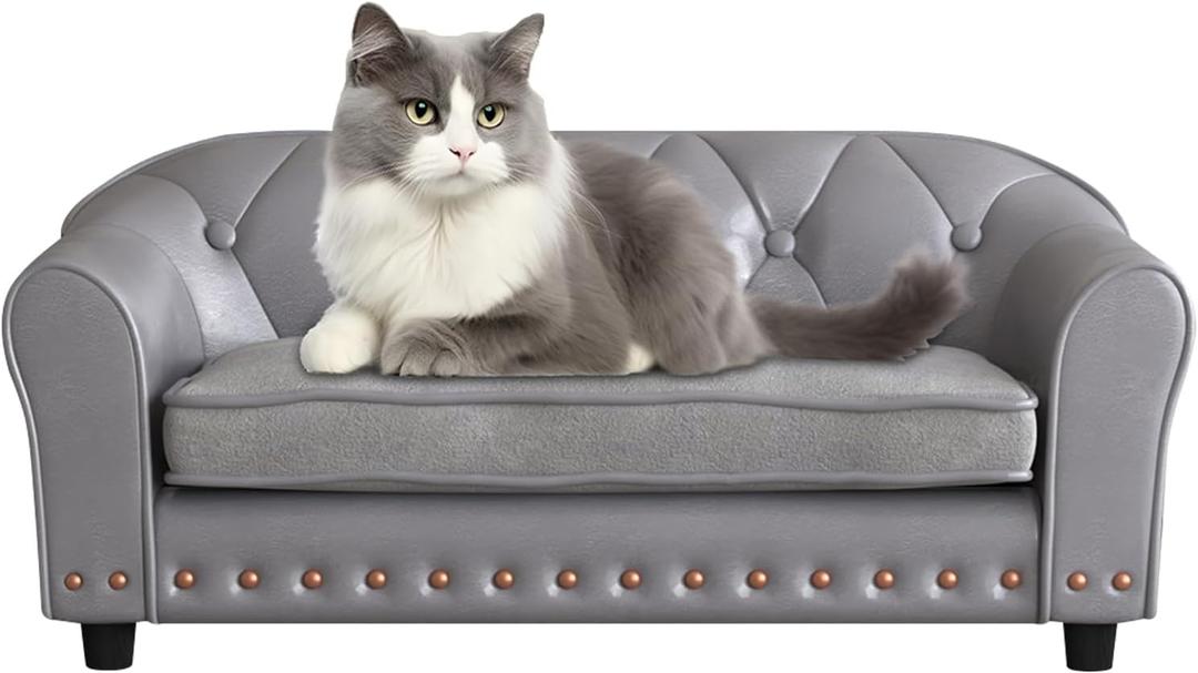 Dog Couch,Puppy Bed,Cat Sofa,Cat Couch,Pet Sofa,Dog Chair,Small Pet Bed,with Copper Nail and Wooden Frame, Leather Fabric and Cushion,for Small Animals Using (Grey)