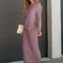 ANRABESS Women's 2 Piece Outfits Sweater Skirt Sets Casual Long Sleeve V Neck Ribbed Knit Tops Midi Dress 2025 Fall Fashion Light Purple Small (S)