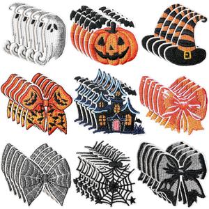 Lyrow 45 Pcs Halloween Bow Patches Orange Black Embroidered Sew on Patches Pumpkin Face Witch Hat Applique DIY Coquette Accessory for Clothes Pants Hats Jeans Decors