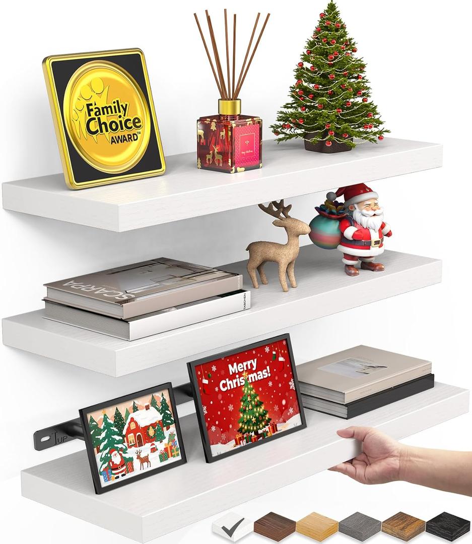 BAYKA White Floating Shelves for Wall  Rustic Wood Wall Shelves with Metal Brackets for Bathroom, Bedroom, Kitchen, or Living Room Decor Organization  Set of 3, Sturdy Storage with 22lb Capacity (15.7inches, C. White - Modern Minimalist Style)