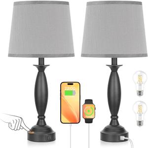 Grey Lamps for Bedrooms Set of 2 - Touch Control Bedside Lamp with USB C+A, 3 Way Dimmable Nightstand Lamps with USB Port, Table Lamp for Living Room(Grey Shade and Black Base)