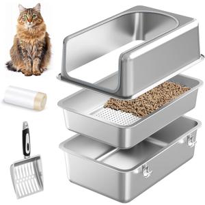 23.6''15.7''12'' XL All Stainless Steel Sifting Litter Box for Pine Pellets,Sifting Cat Litter Box with Lid for Big Cats,Metal High Side Sifter Litter Pan System for Odor Control,with Scoop Liners