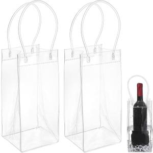 4.5X4.5X10 Inch Ice Wine Bag, 2 PCS Clear PVC Ice Wine Bag with Handle Portable ClearWine Pouch Clear PVC Gift Bags, Portable Foldable Wines Bottle Bags for Party, Outdoor, Cold Beer
