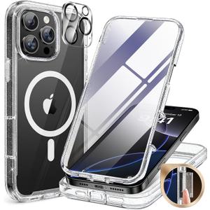 Miracase Magnetic for iPhone 16 Pro Case Full-Body Phone with Built-in Glass Screen Protector, [Compatible with MagSafe] Military Drop Proof 16 Pro Cover Bumper 6.3 inch, Clear Glitter