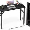 TEMI Small Computer Desk Folding Table - No Assembly, Compact 35.8" Foldable Desk with Power Outlets & USB Charging Port, Portable Small Office Desk, Ideal Mini Study Table, Dark Oak