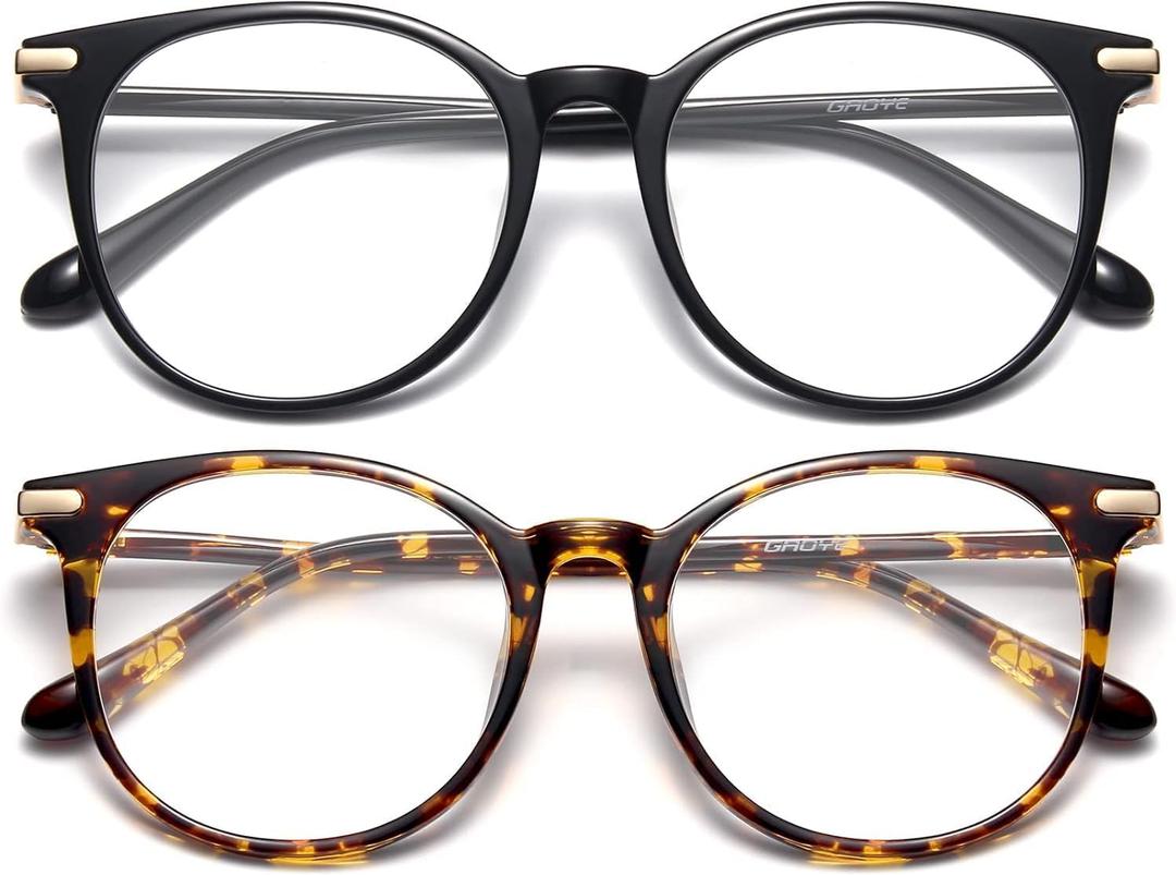 Gaoye 2 Pack Blue Light Blocking Glasses, Retro Round Eyewear Frame Anti Eyestrain Computer Glasses for Women Men - GY1688 (Black+Tea Leopard)