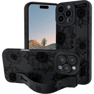 NITITOP Compatible with iPhone 16 Pro Max Case Cute Floral Sunflower for Women Girls with Wrist Adjustable Hand Strap Kickstand Grip Holder Soft TPU Slim Protection Phone Cover - Black
