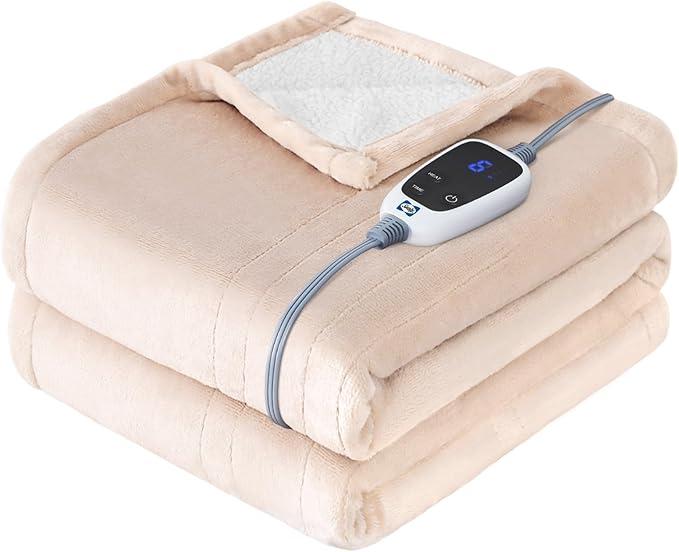 SEALY Electric Blanket Queen Size, Flannel & Sherpa Heated Blanket with 10 Heating Levels & 1-12 Hours Auto Shut Off, Machine Washable, Beige, 84 x 90 Inch