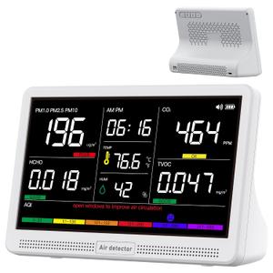 Bonoch 16 in 1 Air Quality Monitor Indoor 7" Display 9 AQI+7 AQI Alerts, CO2 Monitor Air Quality Tester for CO2, TVOC, PM2.5 PM1.0 PM10, HCHO Temperature Humidity AQI & Time Air Quality Meter for Home