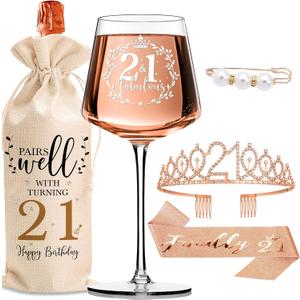 21st Birthday Gifts for Women Her - Sweet Decorations with Vintage Wine Glasses, Wine Bag, Birthday Sash, Crown, Elegant Princess Rhinestone Tiara, Perfect for Women, Sister, Daughter,BFF,Girlfriend