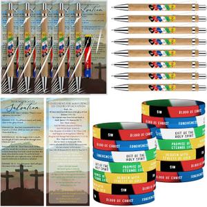 Sayglossy 36 Sets/144 Pcs Father's Day Christian Gifts for Men Bulk Religious Gift Set with Bible Verse Pens Salvation Silicone Bracelets Roman Road Cards for Dad Pastor Church Ministry (Bamboo)