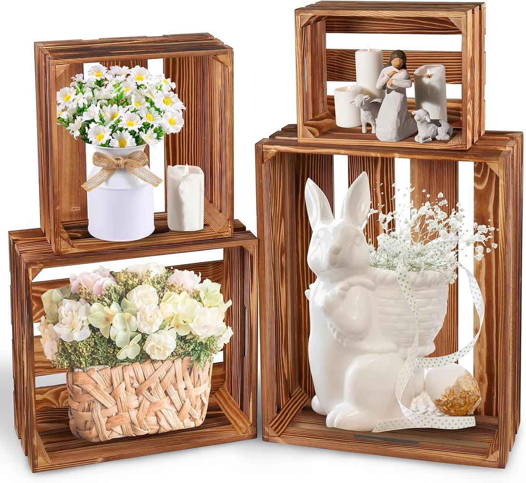 4 Pieces Decorative Wood Crates for Party Display, Large Rustic Farmhouse Wooden Nesting Storage Crates with Handles for Wedding Birthday Home Party Decoration