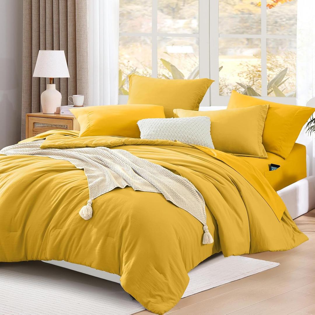 WRENSONGE Queen Comforter Set- 7 Pieces Soft Yellow Bed in a Bag Queen with Fitted Sheet, Flat Sheet, 2 Shams, and 2 Pillowcases- Warm Bedding Sets for All Season