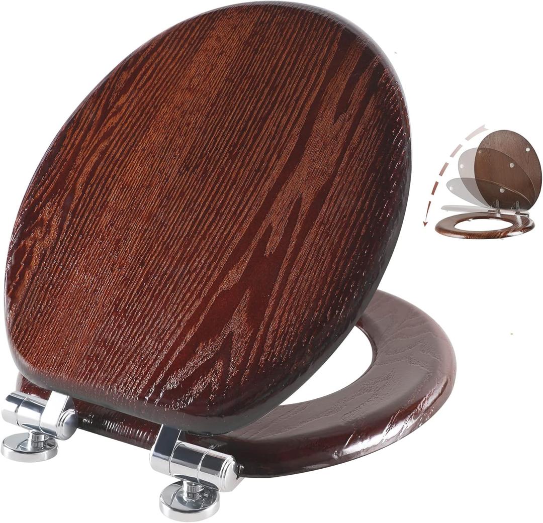 Angel Shield Toilet Seat Round Wood with Slow Close,Easy Clean,Quick-Release Hinges (Round,Dark Walnut)