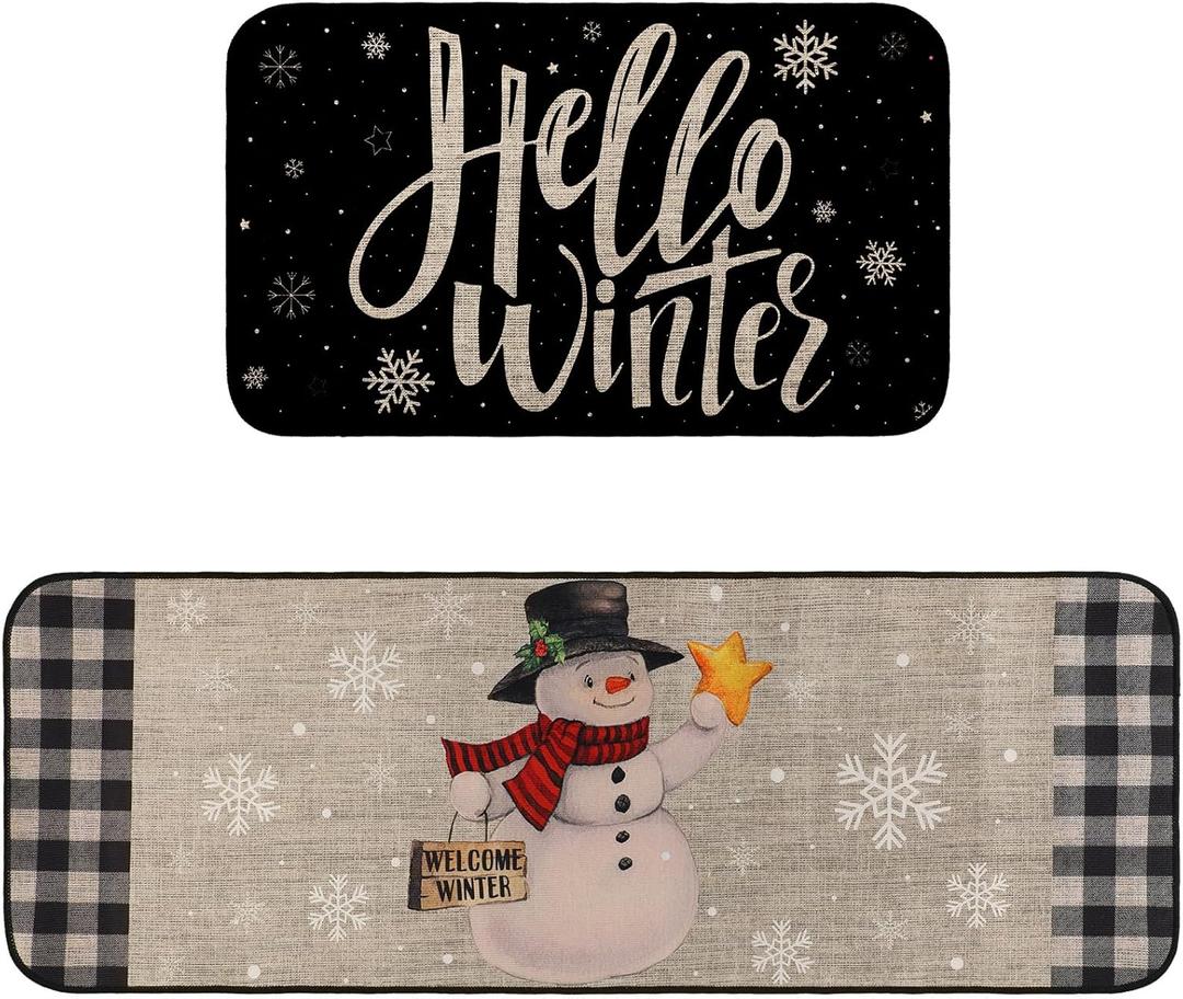 Shellwei 2 Pieces Hello Winter Snowman Kitchen Rugs Set Buffalo Plaid Snowflake Snowman Mats for Winter Home Kitchen Christmas Decor 17 x 29 Inch and 17 x 49 Inch
