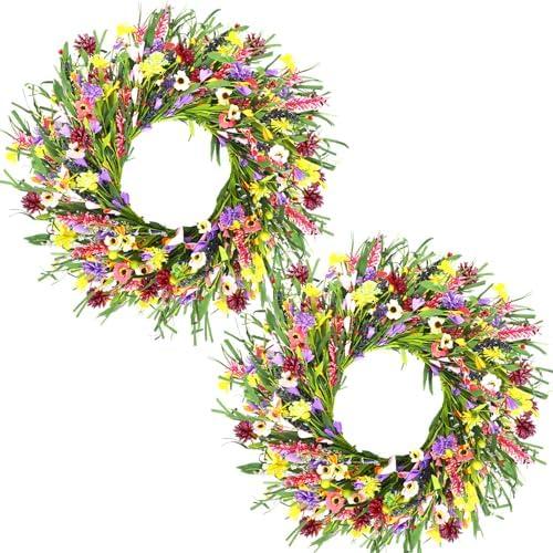 Hotop 2 Pcs Spring Summer Door Wreath for Front Door 22'' Artificial Daisy and Lavender Wildflower Big Faux Spring Floral Flower Wreath for Indoor Outdoor Home Wedding Party Decor