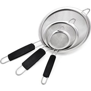 Makerstep Fine Mesh Strainer Set of 3, Stainless Steel 3.38", 5.5", 7.87" Strainers Wire Sieve Sifter with Insulated Handle Strainers for Kitchen Gadgets Tools