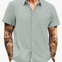 HUNGSON Men's Button Down Shirts Short Sleeve Casual Shirts Summer Beach with Pocket S