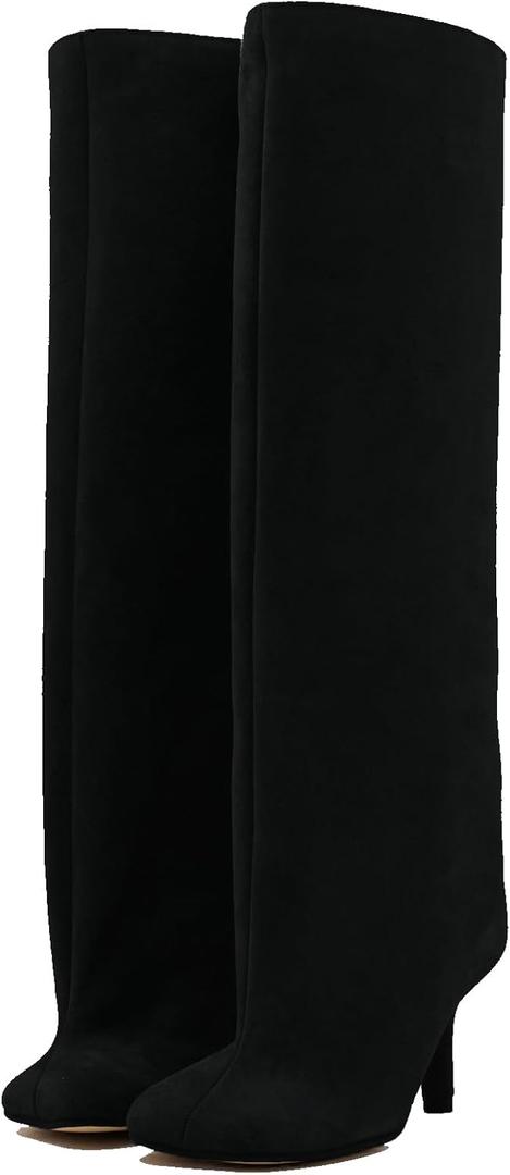 Women's Knee High Suede Boots for Women Wide Calf Square Toe Stiletto Heels Tall Boots Pull On High Heel Long Booties (9, Black)