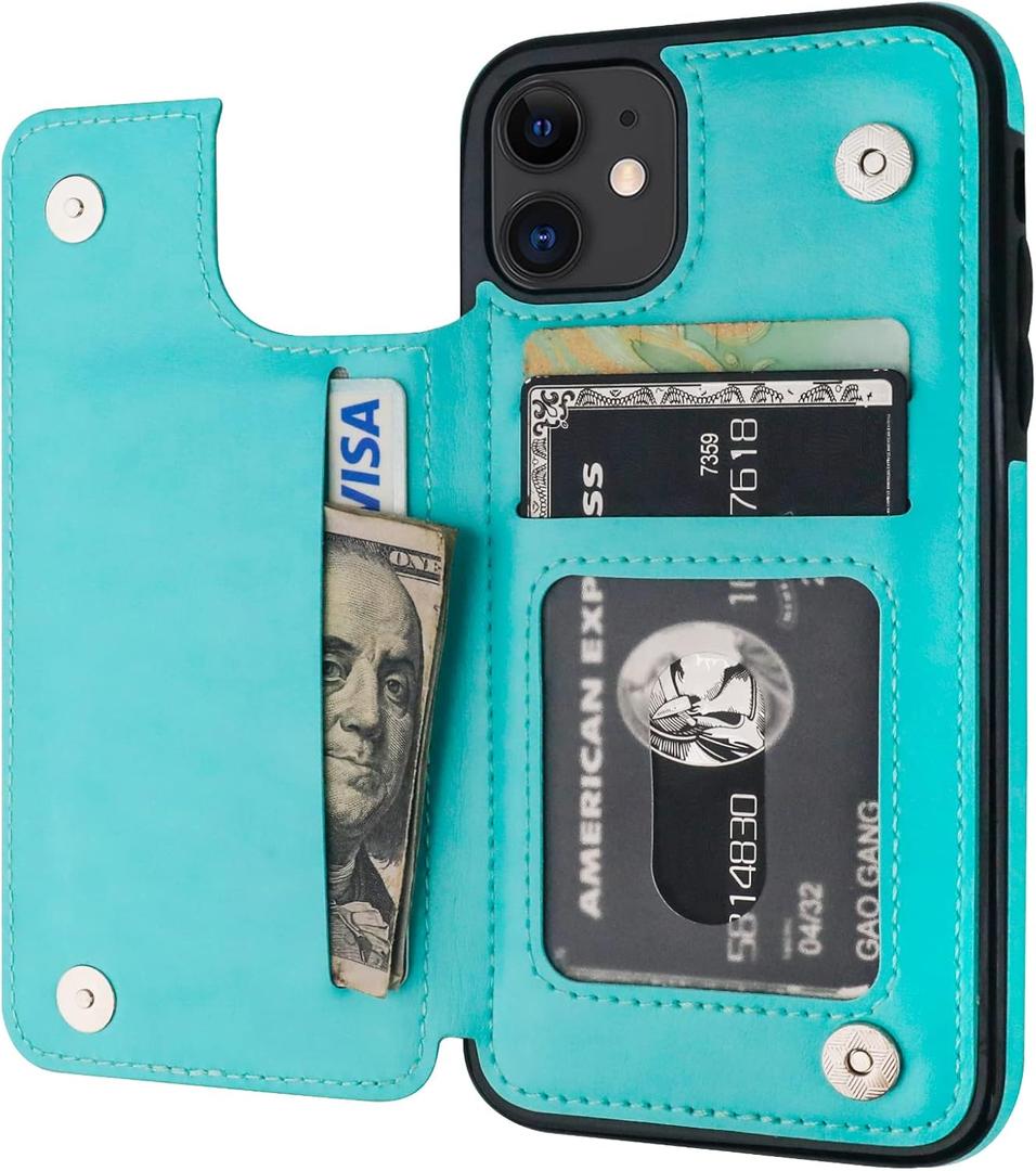 for iPhone 11 Wallet Case with Card Holder,OT ONETOP PU Leather Kickstand Card Slots Case,Double Magnetic Clasp and Durable Shockproof Cover for iPhone 11 6.1 Inch(Light Blue)