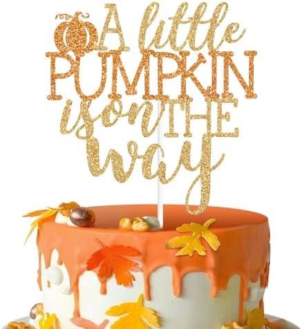 A Little Pumpkin is on the Way Cake Topper, Fall Baby Birthday, Autumn Thanksgiving Halloween Baby Shower Gender Reveal Pregnancy Annoucement Party Decorations Supplies, Gold and Orange Glitter