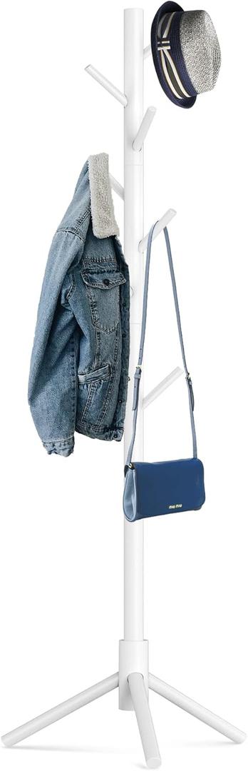 Wooden Tree Coat Rack Stand,Sturdy Freestanding Coat Rack with 8 Hooks,3 Adjustable Height for Child Adult,Wood Coat Stand Tree Fits Entryway Bedroom Office for Bags,Hats (1 PC, White)