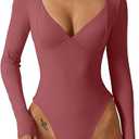 QINSEN Women's Long Sleeve Bodysuit V Neck Body Suits Seamed Cup Going Out Tops Shirt
, Size S-M