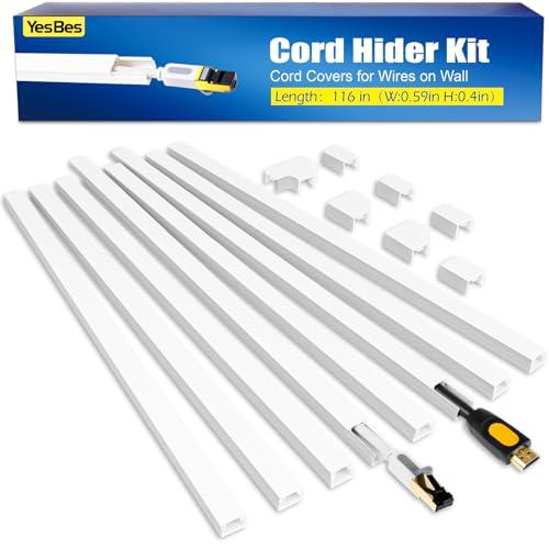 YesBes 116in Cord Hider Kit, Cord Covers for Wires on Wall, Cord Hider for Wall Mount tv, Paintable Cable Raceway, tv Cable Hider Wall kit, Wire Covers for Cords, W0.59in X H0.4in, White