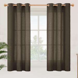 YoungsTex Dark Brown Linen Semi Sheer Curtains 45 Inches Length for Kitchen, Light Filtering Drapes with Grommet Privacy for Short Window Living Room, 2 Panels, 42 X 45 Inch
