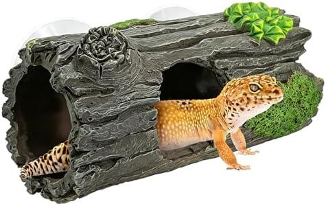 Reptile Hide, Resin Hollow Log Cave with Two Strong Suction Cups,Gecko Tank Accessories Climbing Toy– Climbing Decoration and Hideout for Lizards, Geckos, Snakes, Hermit Crabs, and Frogs