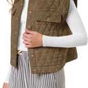 Womens Puffer Vest Quilted Collared Sleeveless Jacket Button Down Outerwear with Pockets (Medium, Khaki)