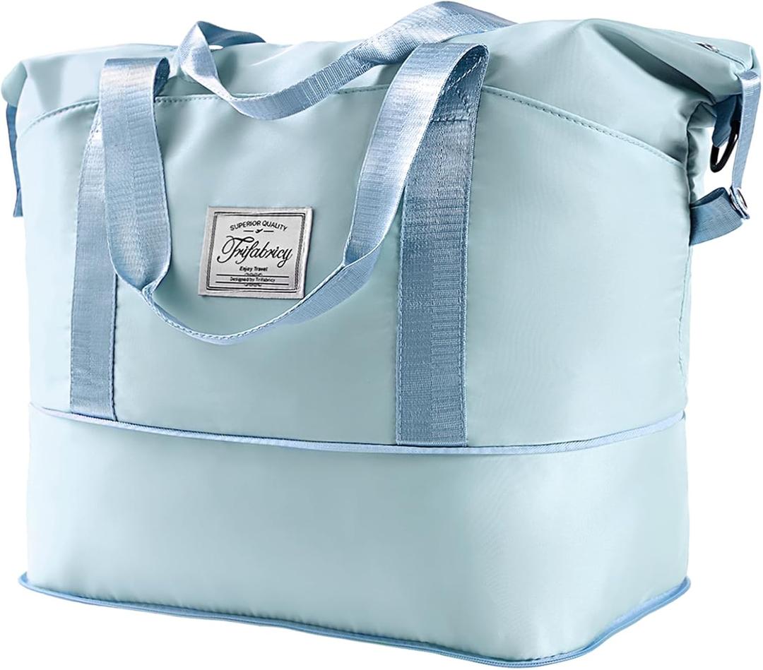 Travel Duffel - Large Shoulder Weekender Overnight Carry on With Wet Pocket, Waterproof Expandable Bag With Trolley Sleeve, Sports Tote Gym for Women, Blue