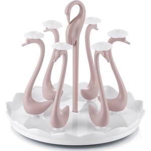 MOLIGOU Cup Drying Rack, Mug Dryer Rack with Drip Tray, Rotating Bottle Drying Stand Holder for Kitchen Counter, 6 Holders (Pink Swan)