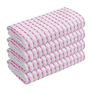 TWINY threads Waffle Towels Set of 4, 16x26 Inches, 100% Cotton, Soft, Absorbent Waffle Weave Kitchen Dishcloth Set, Durable & Machine Washable Tea Towel, Rose Pink, White