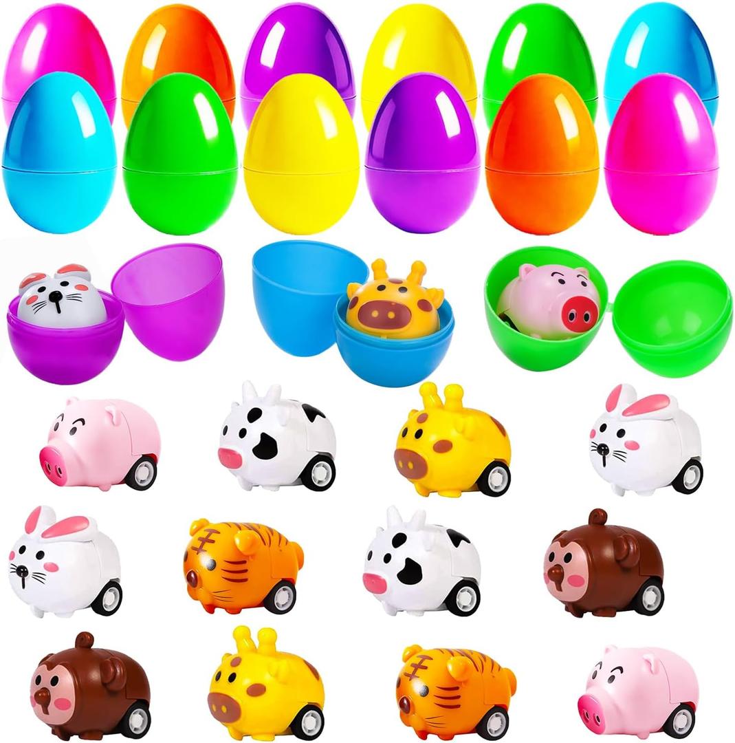 12 Pack Filled Easter Eggs with Animal Pull Back Car Toys - Surprise Toy Assortment for Easter Egg Hunts, Basket Stuffers & Party Favors | Easter Gifts for Kids Boys Girls