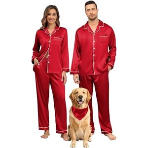 YOZLY Couple Matching Pajamas Set Satin Button Down Silky Sleepwear Long Sleeve Loungewear 2 Pcs Pj Set, Size Large, with Pockets