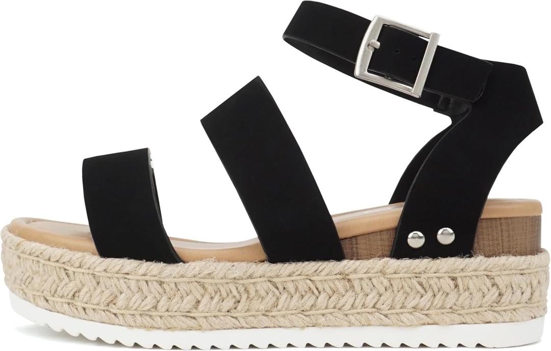 Soda Top Shoe Bryce Open Toe Buckle Ankle Strap Espadrilles Flatform Wedge Casual Sandal (7.5, Black)