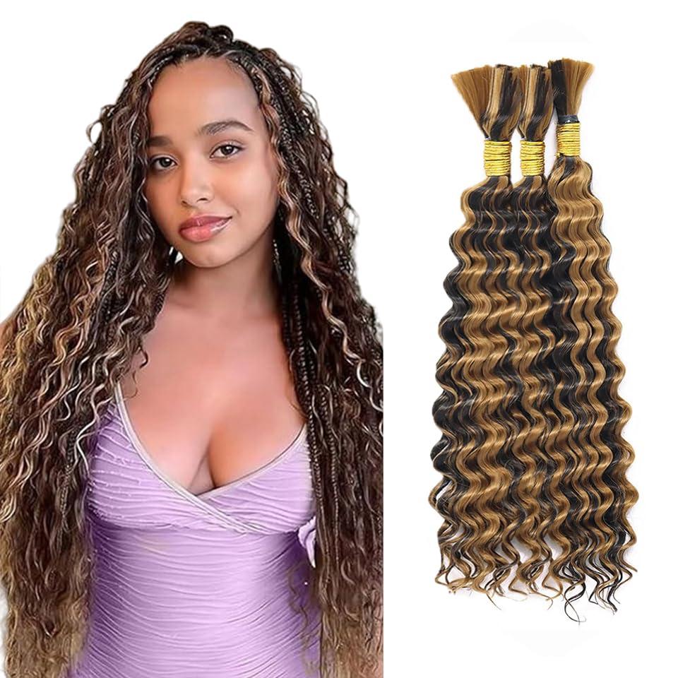 P4/27 Blonde Human Braiding Hair Deep Wave Bulk 20 20 20 Inch Unprocessed Brazilian Virgin Hair Highlight Brown Deep Curly Braiding Hair Extensions 3 Bundle 50 Gram Per Bundle