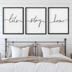 Set of 3 Framed Farmhouse Let's Stay Home Sign 11x14 Above Bed Wall Decor for Bedroom Decor Wall Art Wood Signs 11x14, Black (11"x14")