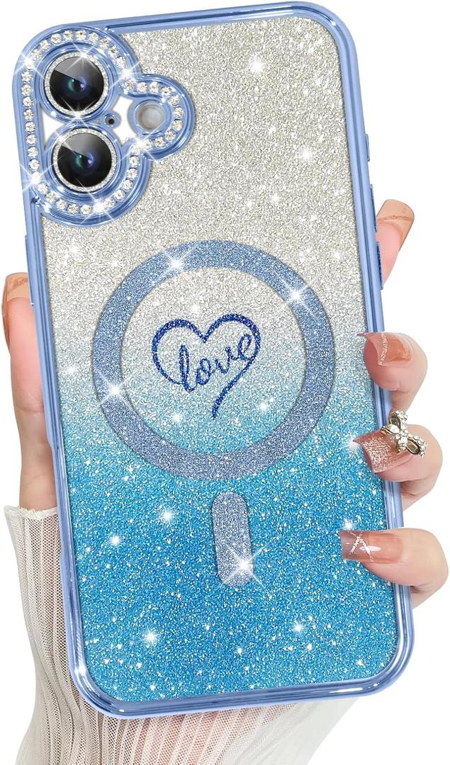 MZELQ Compatible with iPhone 16 Plus Case Plating Magnetic [Support for Magsafe] Bling Glitter Love Heart Back Diamond Camera Lens Cover Crystal Matte Luxury Case for Girls Women -Blue