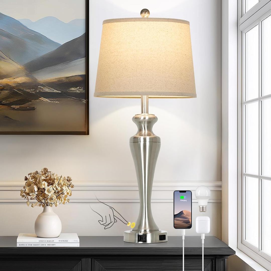 Ruzectt 30" Table Lamp, 3-Way Dimmable Touch Bedside Lamp with USB A+C Ports and AC Outlet, Tall Living Room Lamps for Side Table, Modern Brushed Nickel Bedroom Lamps for Nightstand, Silver-1PK